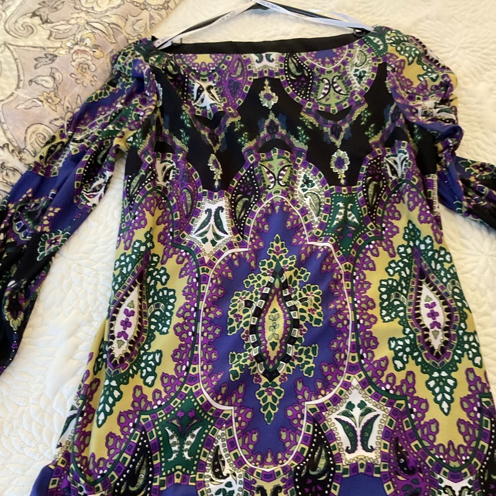 OC by Oleg Cassini Purple, Black & Green Long Sleeve Printed Dress - Picture 2 of 7